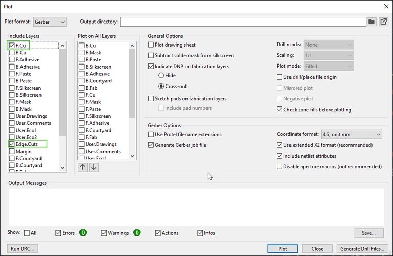 KiCad Plot dialog configured for SVG export with F.Cu and Edge.Cuts layers selected.