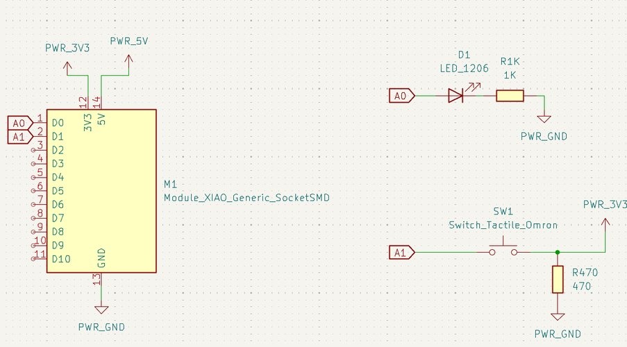 Initial KiCad schematic showing XIAO RP2040 socket with LED, resistor, button, and pull-down resistor. Pins D2 through D10 have no connections and no no-connect flags.