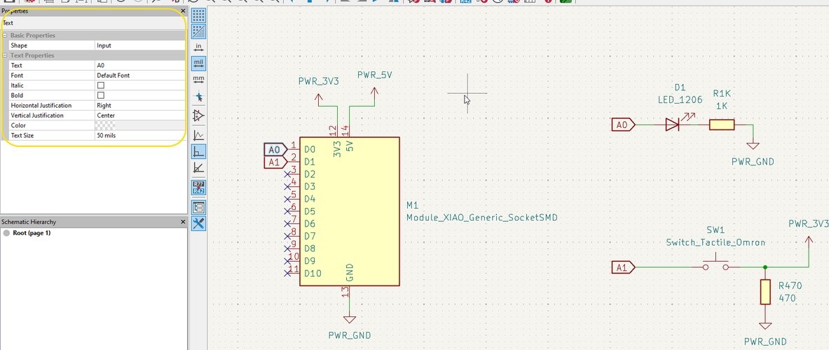 KiCad schematic editor showing the Properties panel for a global label A0, with the corrected schematic using global labels A0 and A1 for D0 and D1 connections.
