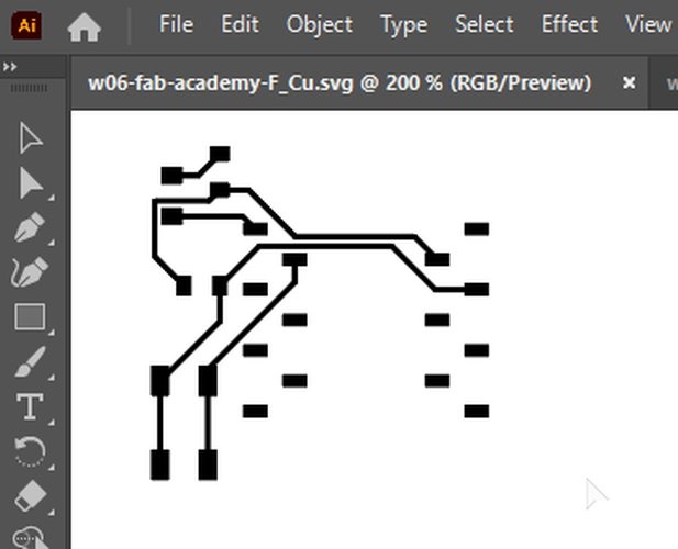 F.Cu SVG opened in Adobe Illustrator showing the copper trace pattern in black on white background.