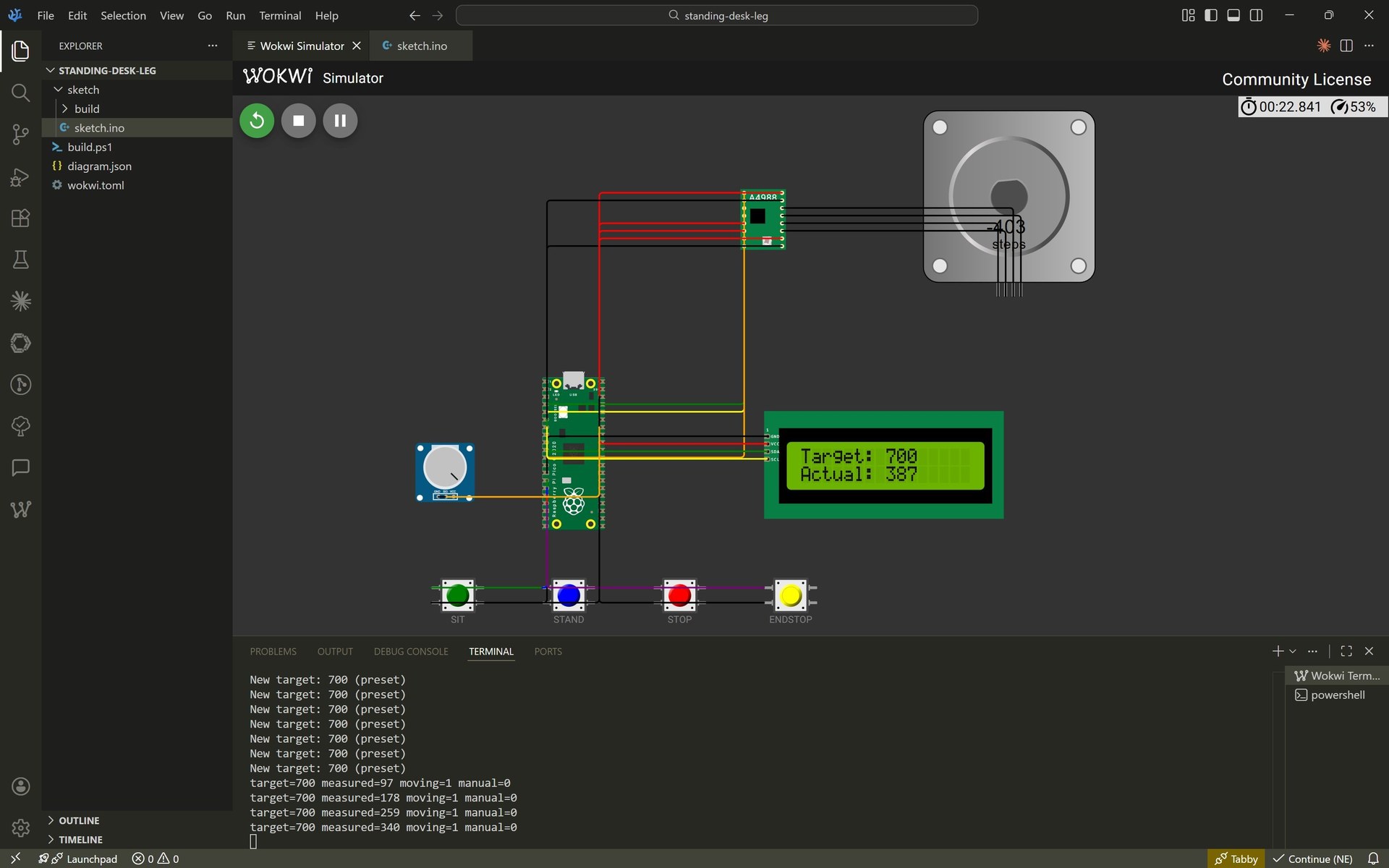 Wokwi simulation during a STAND command: the LCD shows Target 700 and Actual 387, the stepper motor step counter reads minus 403, and the Wokwi Serial Monitor at the bottom prints multiple lines — first New target: 700 (preset) repeated, then target=700 measured=97 moving=1 manual=0 progressing up to measured=340.