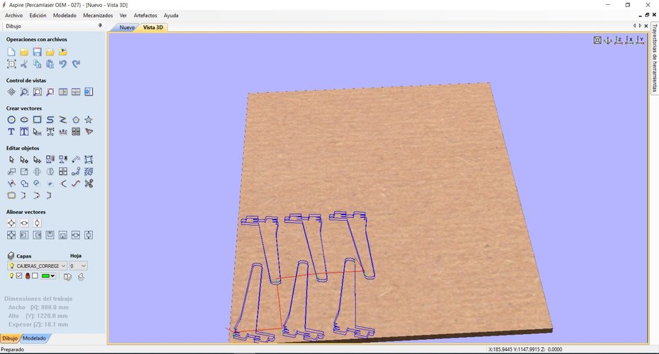 VCarve Aspire 3D view showing the six leg pieces with toolpath vectors overlaid in blue on the brown plywood board, with the layer panel showing CAJERAS_CORREGIDAS layer active.