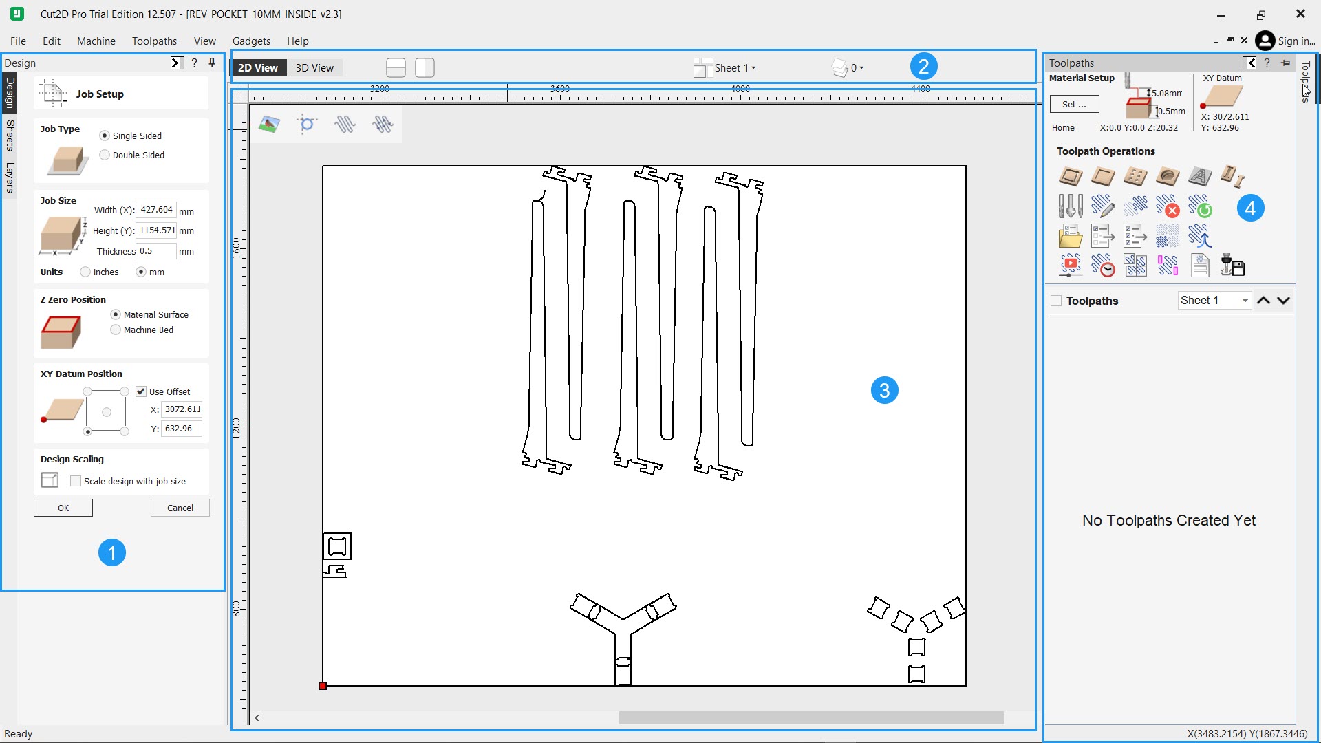 Annotated screenshot of the Cut2D Pro main window with four numbered zones highlighted: the Design side panel on the left, the view toolbar at the top, the central drawing canvas, and the Toolpaths panel on the right.