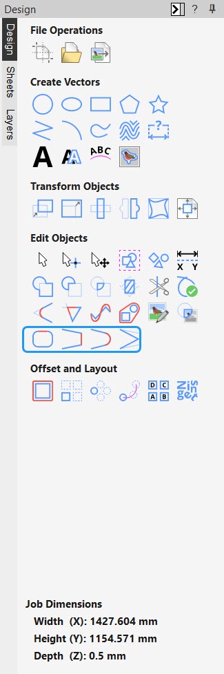 Cut2D Pro Design panel with the Edit Objects section visible and the four vector-joining tools highlighted in a blue rectangle.