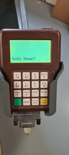 The RichAuto A11 controller displaying 'Goto Home?' on its green LCD screen, with all navigation and function buttons visible.