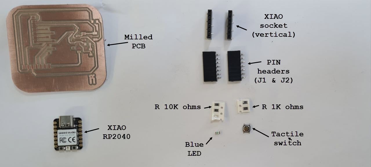 All PCB components laid out on white surface: XIAO RP2040, milled PCB, LED, two resistors, tactile switch, pin headers.