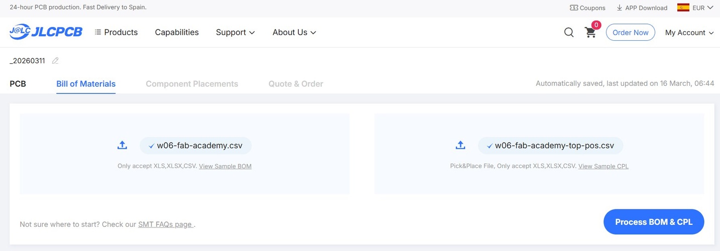 JLCPCB Bill of Materials tab showing w06-fab-academy.csv uploaded as BOM and w06-fab-academy-top-pos.csv uploaded as CPL, both confirmed with green checkmarks, Process BOM and CPL button visible.