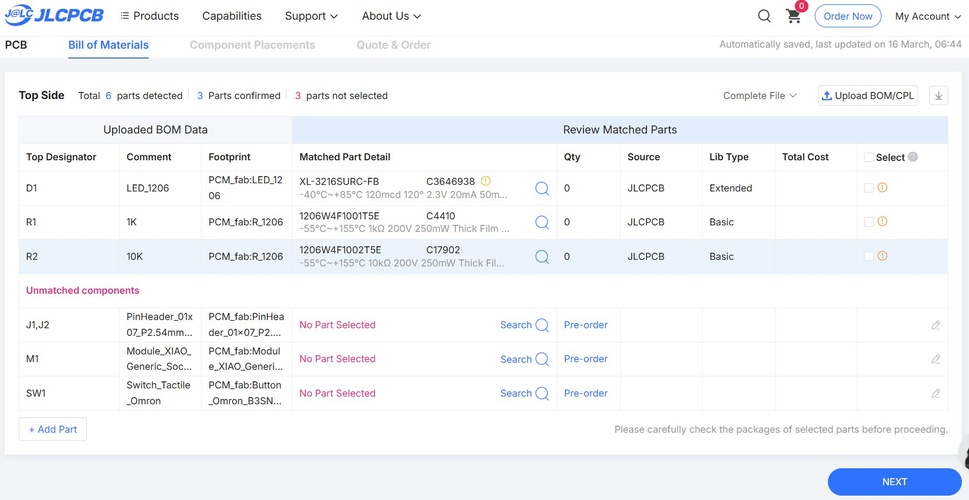 JLCPCB BOM processing screen showing 6 parts detected, 3 confirmed and 3 unmatched. D1, R1, R2 matched to JLCPCB stock. J1/J2, M1, SW1 listed as unmatched with No Part Selected.