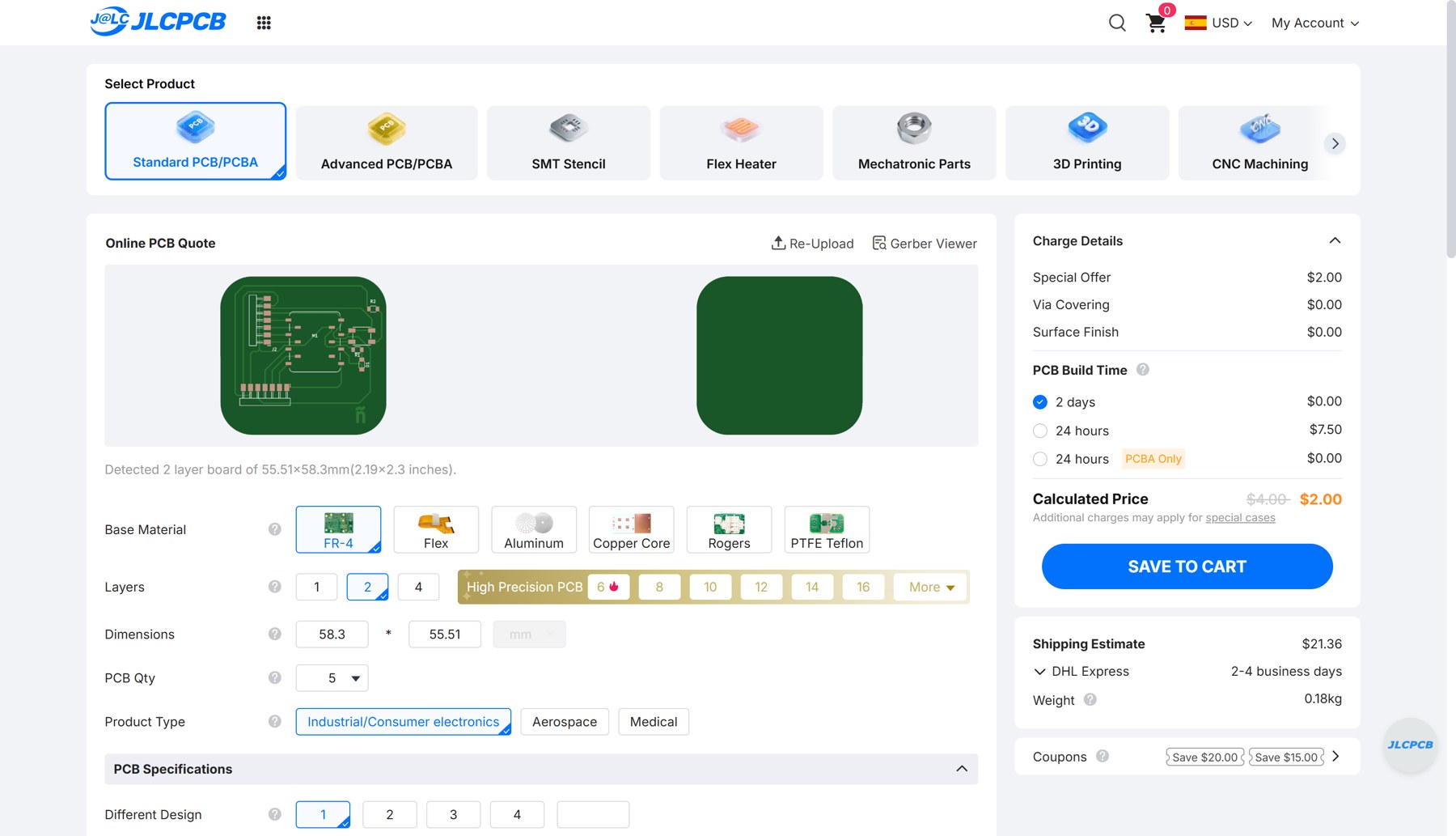 JLCPCB Standard PCB order page: Online PCB Quote with a 3D render of the green board (components and the ñ logo visible), detected as a 2-layer board of 55.51 × 58.3 mm, FR-4 base material, quantity 5, Industrial/Consumer electronics product type.