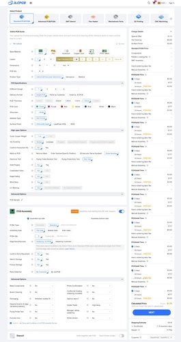JLCPCB order configuration page showing FR-4 base material, 2 layers, 70x71mm dimensions, 5 units, green solder mask, HASL finish, and Mark on PCB option.