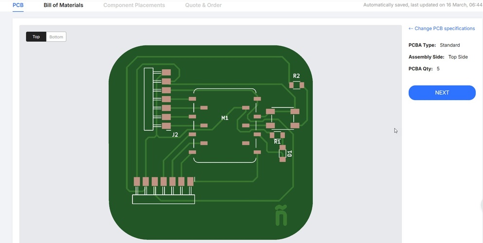 JLCPCB integrated PCB viewer showing a green 3D render of the board with all component pads visible and reference designators R1, R2, D1, M1, J2 labelled.
