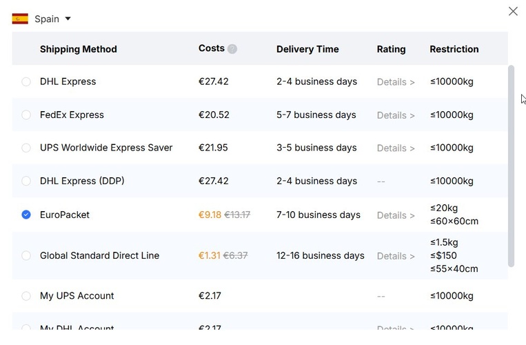 JLCPCB shipping options dialog for Spain showing DHL Express at €27.42, FedEx Express at €20.52, UPS at €21.95, EuroPacket selected at €9.18 for 7-10 business days, and Global Standard Direct Line at €1.31 for 12-16 days.