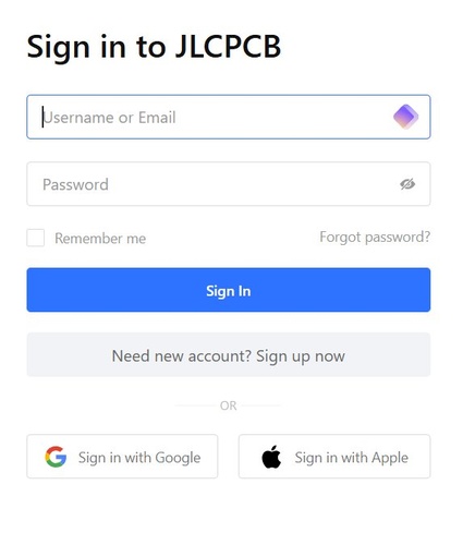 JLCPCB sign in page with username/email and password fields and options to sign in with Google or Apple.