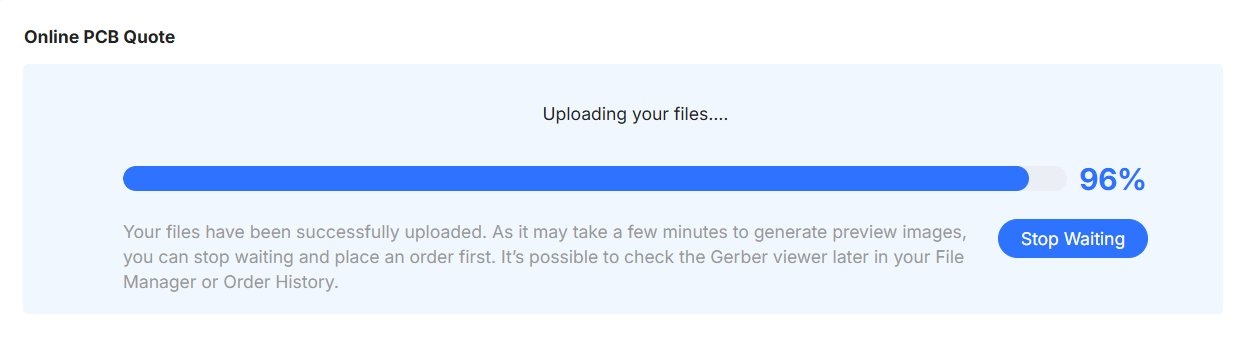 JLCPCB Online PCB Quote page showing file upload at 96% with a message confirming files have been successfully uploaded.