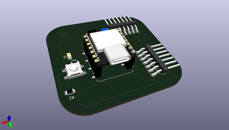 KiCad 3D render of the populated board showing XIAO RP2040 module, horizontal pin headers on both sides, LED, tactile button, and two resistors.