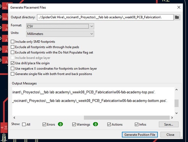 KiCad Generate Placement Files dialog showing CSV format, Millimeters units, Use drill/place file origin checked, with output messages confirming top and bottom position files generated.
