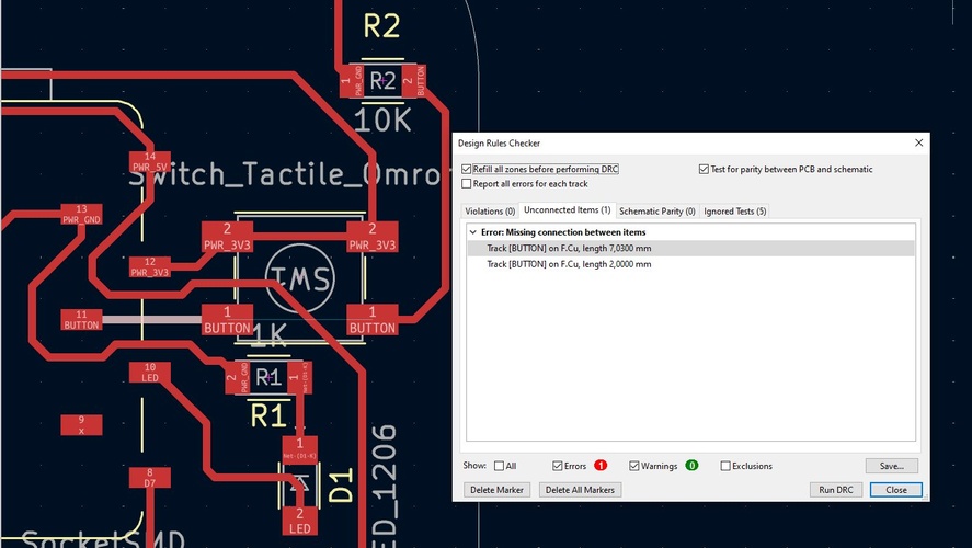 KiCad Design Rules Checker dialog showing 0 violations, 1 unconnected item, and 0 schematic parity errors.