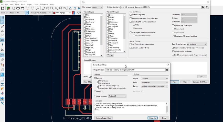 KiCad PCB Editor with the Plot dialog open showing Gerber layer selection and the Generate Drill Files subdialog with output messages confirming PTH and NPTH drill files created.