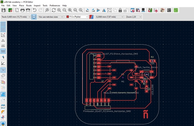 KiCad PCB Editor showing routed single-layer board with XIAO socket, two horizontal pin headers, LED, button, and two resistors.