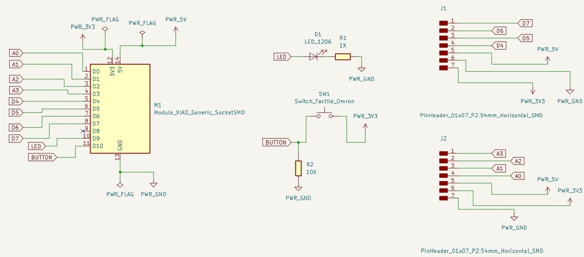 KiCad schematic showing XIAO RP2040 socket, LED with 1K resistor, tactile switch with 10K pull-down, and two 1x7 pin headers.