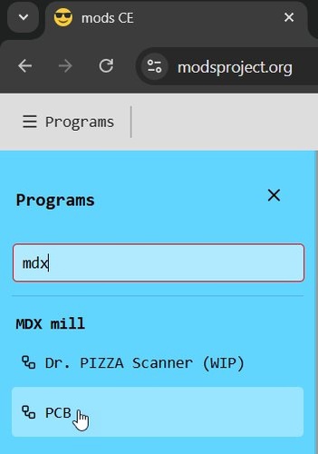 mods CE Programs menu with mdx typed in the search field, MDX mill section showing PCB option highlighted.