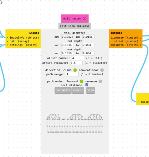mods mill raster 2D node showing tool diameter 0.0156 in, cut depth 0.004 in, max depth 0.004 in, offset number 4, stepover 0.5, direction climb, with a preview of the toolpath visible below.