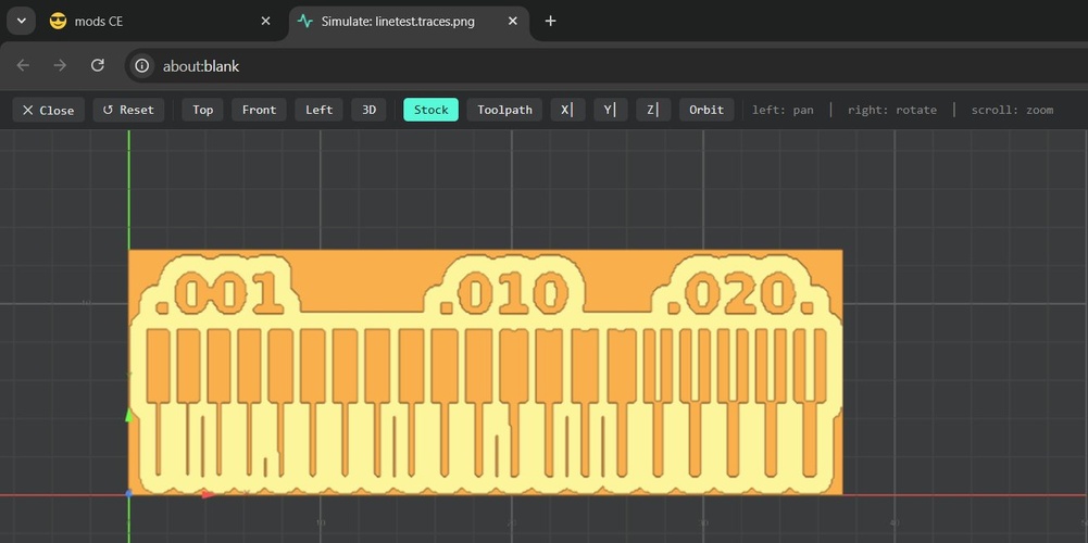 mods simulation window in Stock view showing the line test board in orange with three sections of trace isolation visible at 0.001, 0.010, and 0.020 inch spacing.