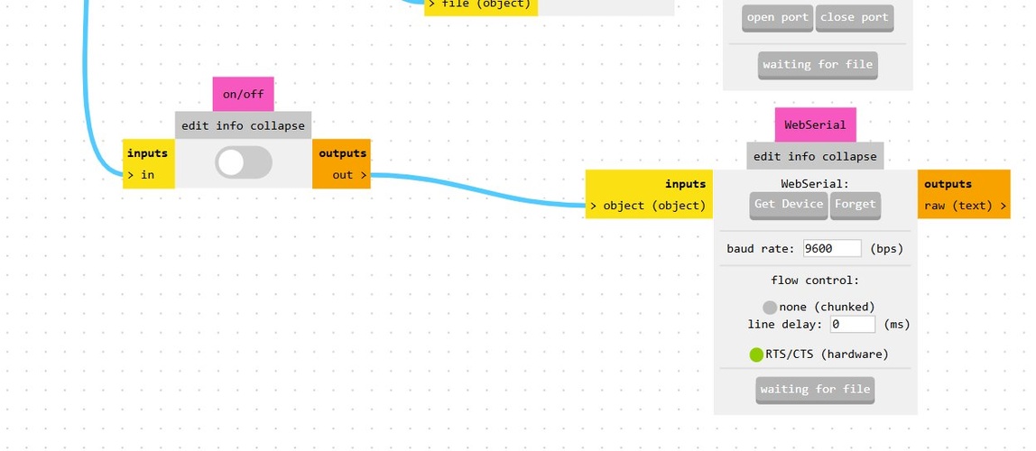 mods node graph showing on/off toggle node and WebSerial node with Get Device and Forget buttons, baud rate 9600, RTS/CTS hardware flow control enabled.