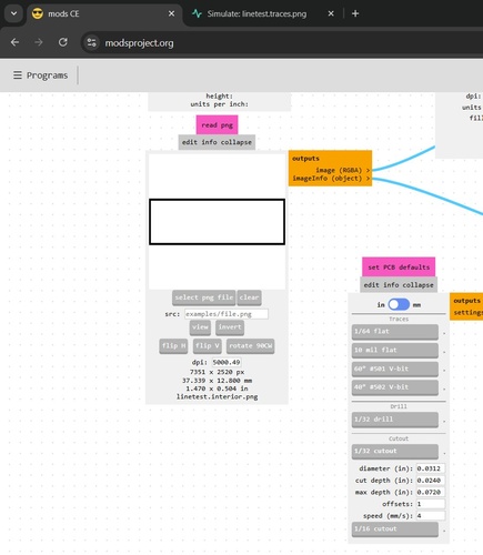 mods set PCB defaults node showing 1/32 cutout selected, diameter 0.0312 in, cut depth 0.0240 in, max depth 0.0720 in, offsets 1, speed 4 mm/s.