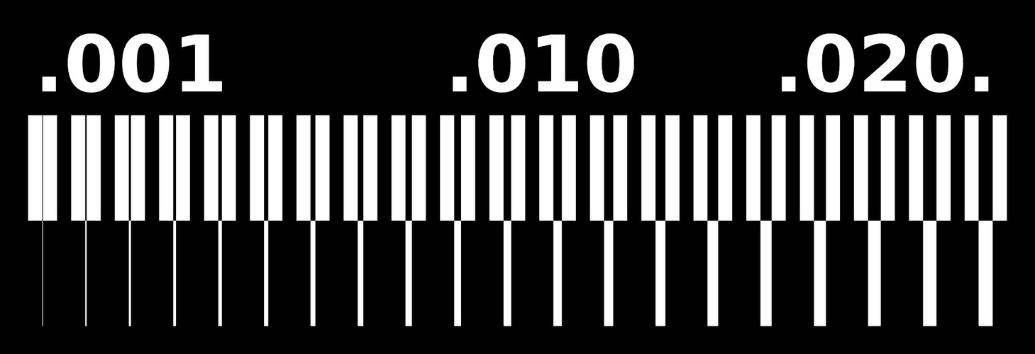 Fab Academy line test PNG showing three sections of parallel traces at 0.001, 0.010, and 0.020 inch spacing, white on black background.