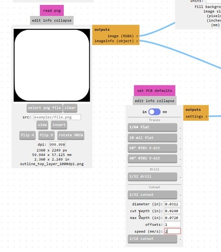 mods read png node for board outline PNG, 1/32 cutout tool selected, cut depth 0.0240 in, max depth 0.0720 in, speed 2 mm/s.