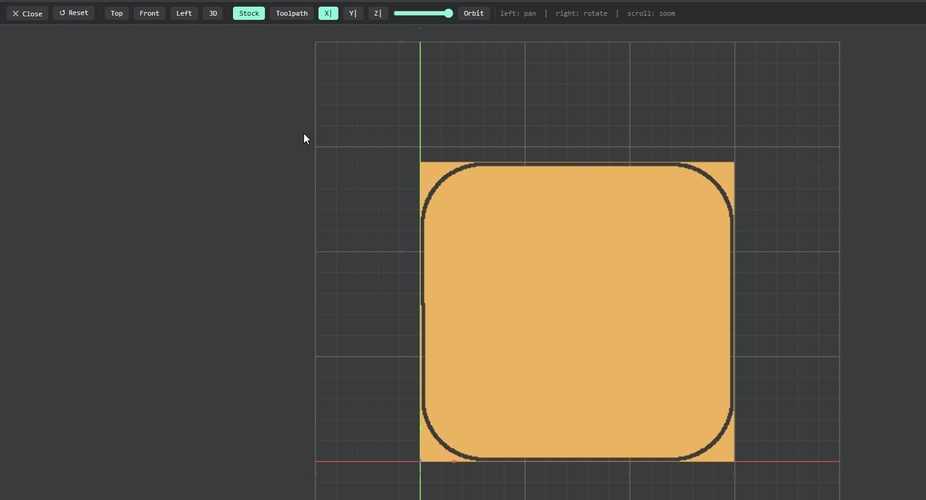 mods simulation Stock view for the board outline, showing copper-coloured square board with rounded corners before toolpath overlay.
