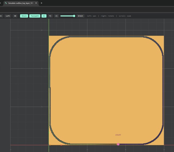 mods simulation Toolpath view showing the cutout path as a blue line following the board perimeter with START marker at bottom.