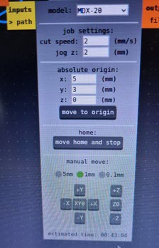 mods browser interface showing Roland MDX-20 node with origin X:5, Y:3, Z:0 and estimated time 00:43:04.