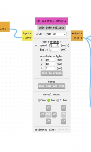 Roland MDX / iModela node in mods showing MDX-20 model, cut speed 2 mm/s, jog z 2 mm, absolute origin 5 3 0.