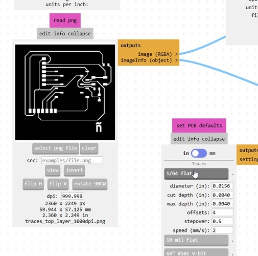 mods read png node showing traces PNG loaded, 1/64 flat tool selected, speed 2 mm/s, 4 offsets.