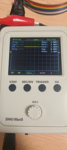 DSO Shell showing the Hall effect sensor output at rest with Vmax 1.50 V, Vmin 1.46 V and Vpp 0.00 V — quiescent operating point with no magnet present.