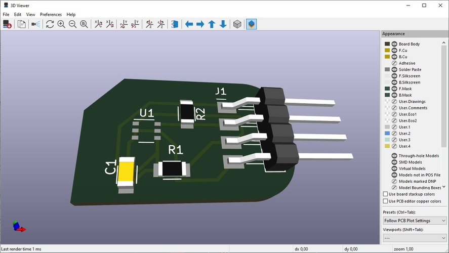 KiCad 3D viewer showing the TLE493D board with the sensor chip, two 1206 resistors, one 1206 capacitor and a 4-pin horizontal SMD header.