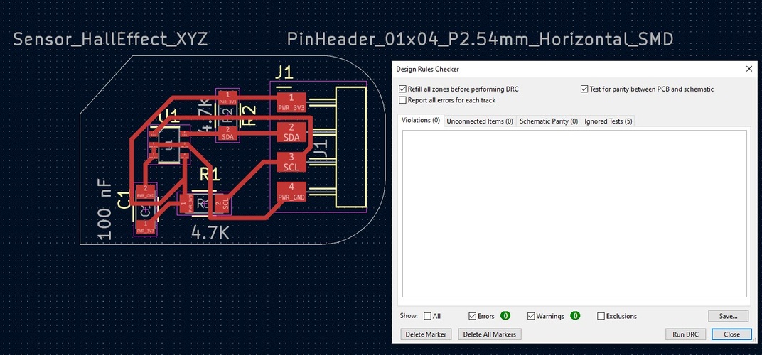 KiCad DRC dialog showing zero violations and zero unconnected items, with the PCB layout visible in the background.