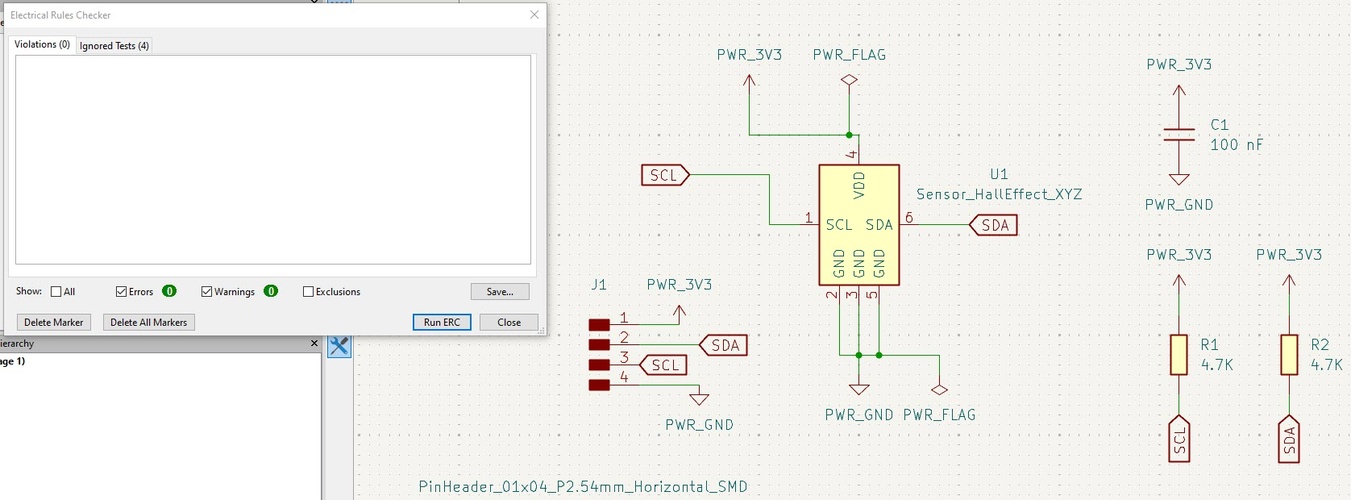 KiCad ERC dialog showing zero violations and zero warnings, with the TLE493D schematic visible in the background.