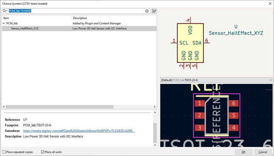 KiCad symbol chooser showing the Sensor_HallEffect_XYZ component selected in the PCM_fab library, with its schematic symbol and TSOT-23-6 footprint preview visible.