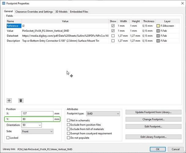 KiCad Footprint Properties dialog for J2 (PinSocket_01x04_P2.54mm_Vertical_SMD) showing the Position fields with X set to 137 mm and Y set to 80 mm, and Orientation set to 90 degrees.