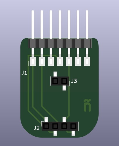 KiCad 3D viewer showing the VL53LXX adapter board with rounded corners, the 7-pin horizontal header at the top and the two vertical sockets on the face of the board.