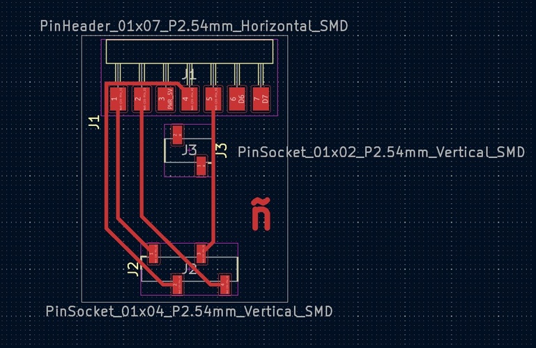 KiCad PCB editor showing the VL53LXX adapter board layout with J1 horizontal header at top, J3 two-pin socket in the centre and J2 four-pin socket at the bottom, all connected by traces on a rounded rectangular outline.