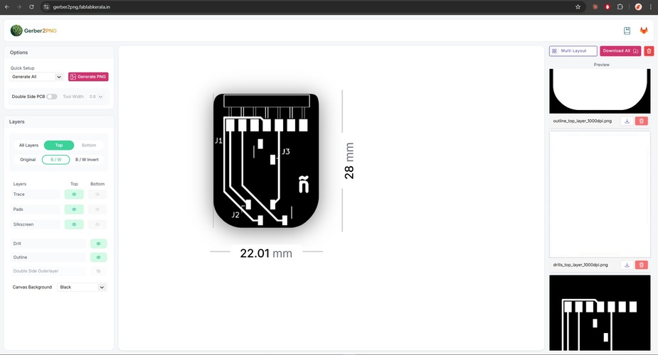 Gerber2PNG web interface showing the VL53LXX adapter board preview at 22.01 × 28 mm, with trace, pads, silkscreen, drill and outline layers visible. The right panel shows the generated PNG files ready for download.
