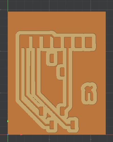 Mods CE 3D milling simulation showing the adapter board copper layer with the toolpath carved into the FR1 substrate, revealing the traces, pads for the two sockets and the horizontal header, and the ñ silkscreen mark.