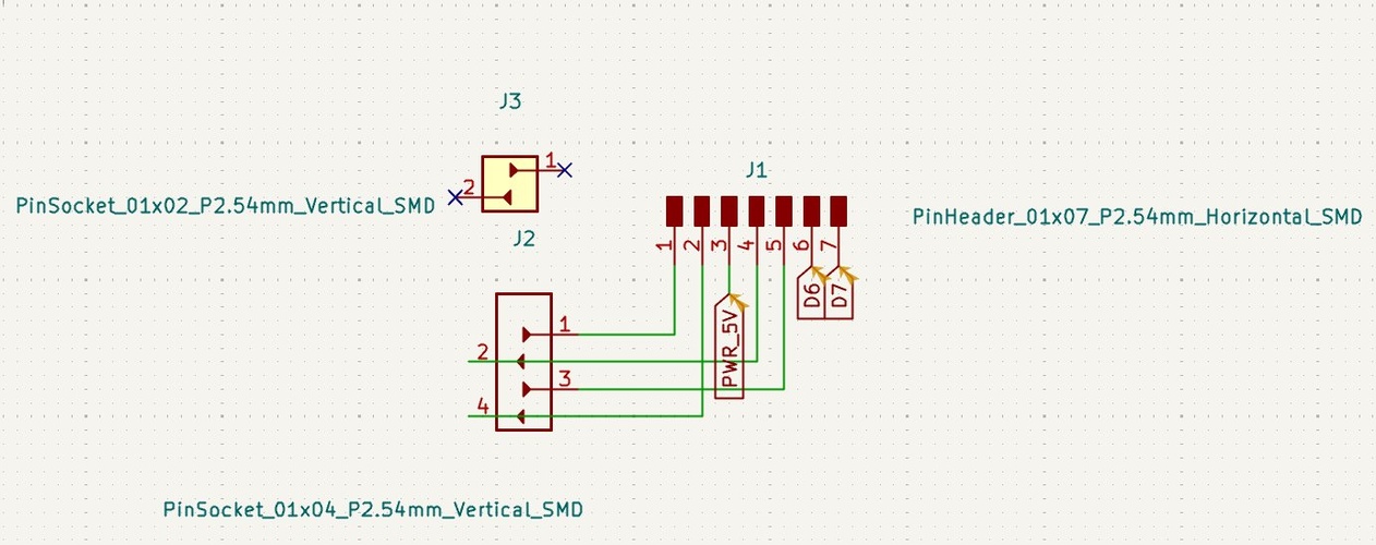 KiCad schematic showing J3 (PinSocket 1x02, SHUT/INT with no-connect flags), J2 (PinSocket 1x04, GND/SCL/SDA/VCC connected to J1) and J1 (PinHeader 1x07 horizontal, with PWR_5V, D6 and D7 as unused pins marked with no-connect flags).