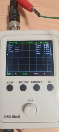 DSO Shell showing Vmax 3.20 V, Vmin 3.16 V and Vpp 0.04 V on SDA — bus idle state with no sketch running.