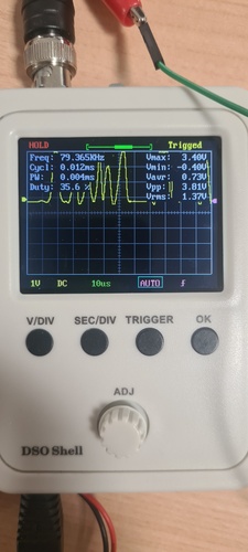 DSO Shell in Trigged mode showing a burst of I2C pulses on SDA with Vmax 3.44 V, Vmin -0.48 V and Vpp 3.89 V.