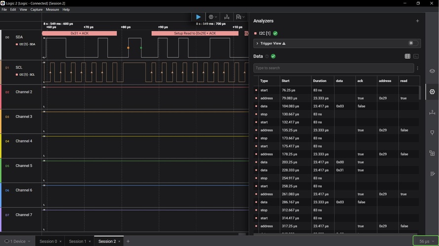 Logic 2 screenshot at 56 µs per division showing individual SDA and SCL pulses, decoder overlays labelling address frames and data bytes, and the full data table on the right.